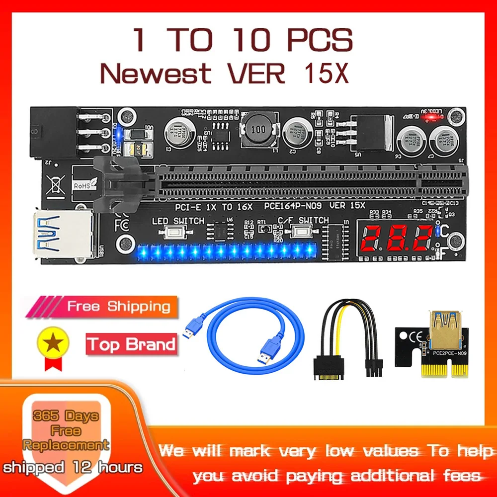 1-10 ADET PCIE Yükseltici PCI Express X16 Yükseltici Ekran Kartı PCI-E 1X ila 16X Cabo Yükseltici Sıcaklık LED 6pin Bitcoin Madenci Madencilik İçin