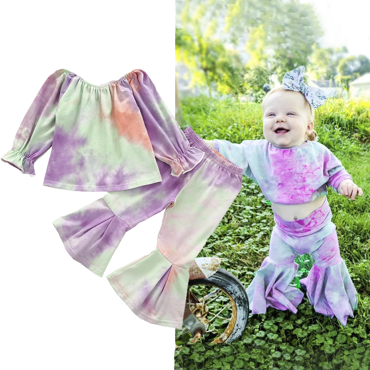 2 adet Giyim Seti Sonbahar Çocuk Kız Kravat boya Kıyafet Seti Kızlar Uzun Kollu Üstleri + Flare Pantolon Elbise