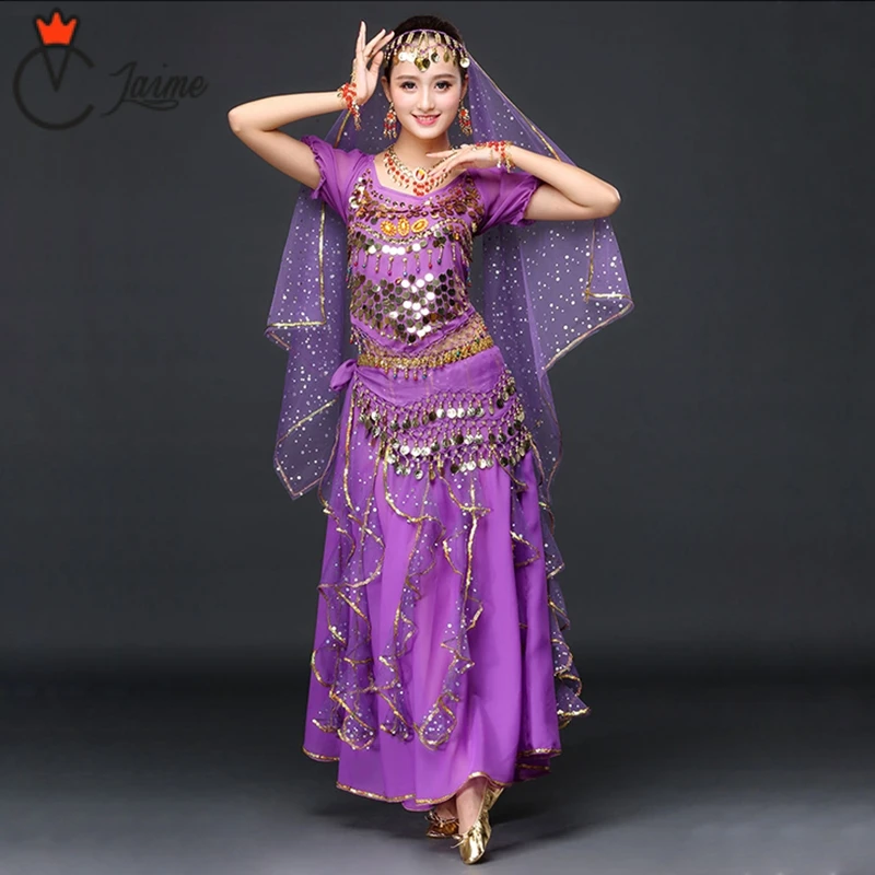 2018 Kadın Giyim Sari Oryantal dans kostümü Seti 4 adet Bollywood Hint dans kostümü s Hint Etek Kıyafetler