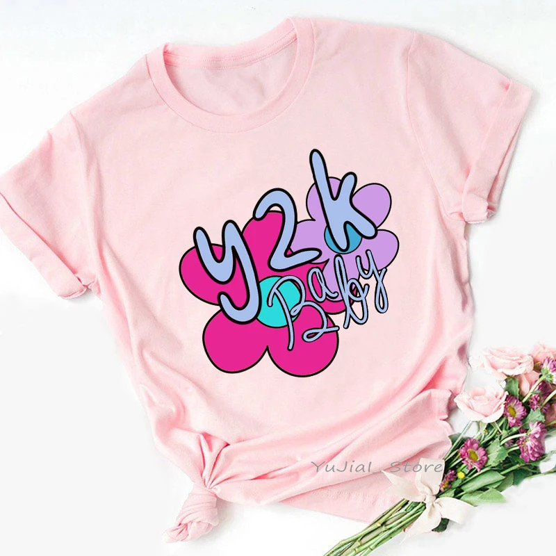 2021 Sıcak Satış Y2K Çiçekler Grafik Baskı T Shirt Kadın Komik T Shirt Femme Harajuku Gömlek Estetik Elbise Yaz Üstleri