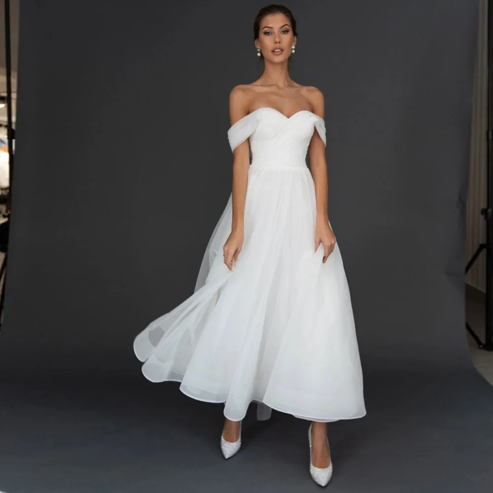 2022 düğün elbisesi Kapalı Omuz Backless Bir Çizgi Kısa gelinlik Midi Ayak Bileği Uzunluğu Tül Basit gelin elbiseleri Kadınlar için Beyaz