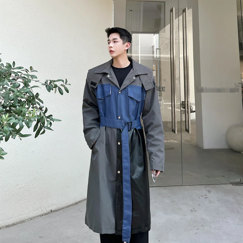 2022 sonbahar / kış kıdemli sense patchwork trençkot erkek uzun tasarım duygusu niş gevşek palto ceket trendi