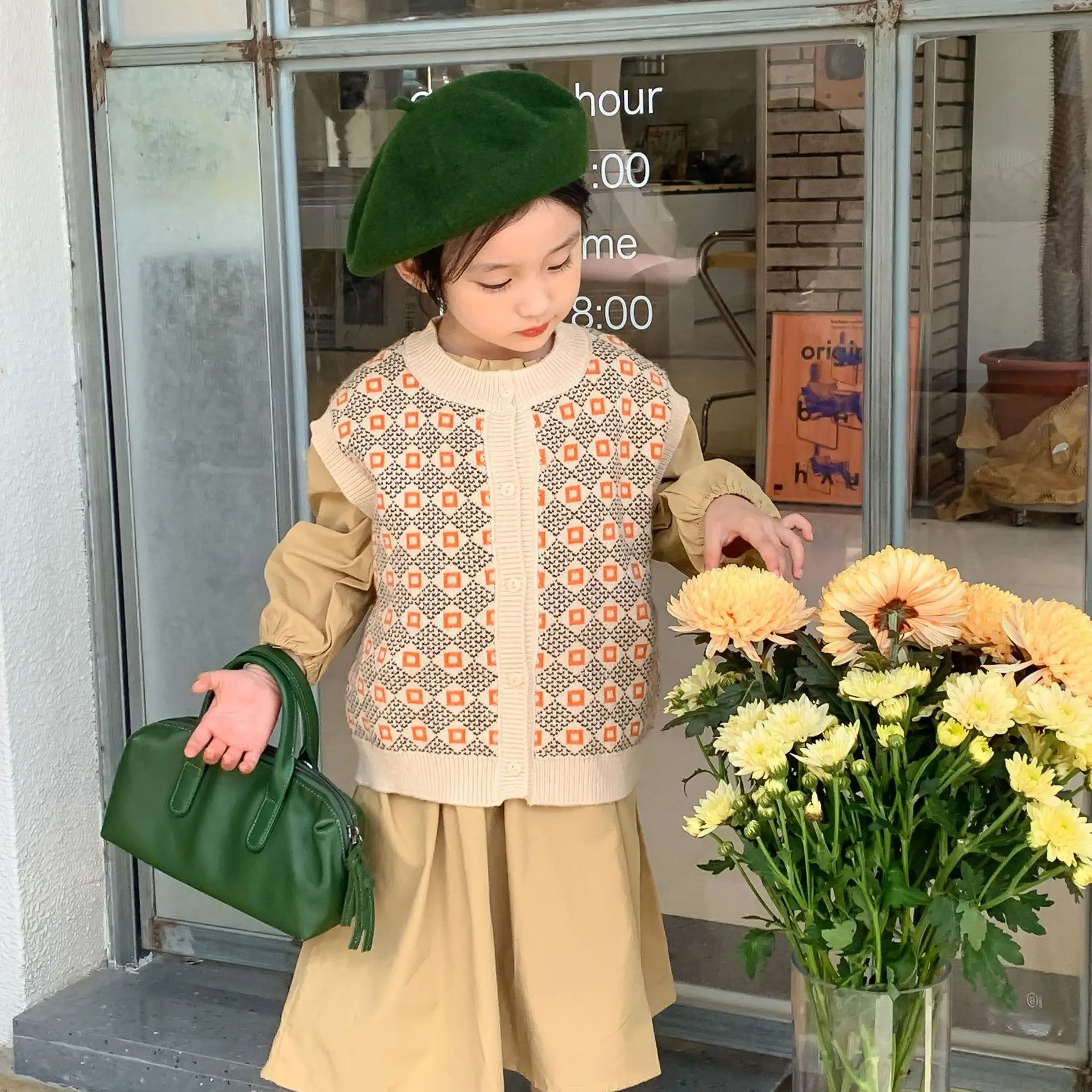 2022 Sonbahar Yeni Çocuk Kolsuz Örgü Yelek Bebek Ekose Kazak Erkek Kız Rüzgar Geçirmez Örme Yelek Çocuk Kazak Elbise