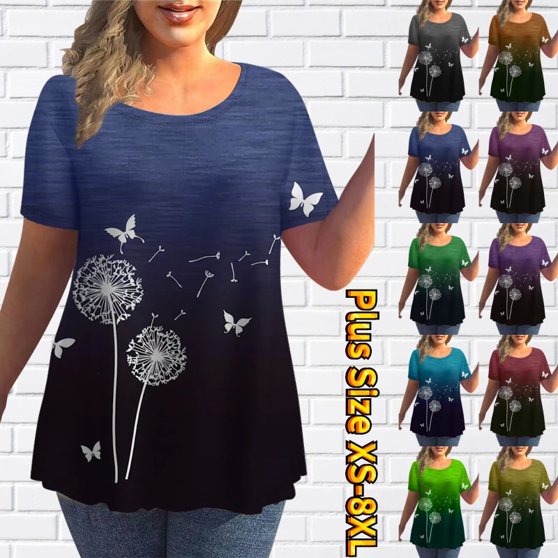 2022 Yaz kadın Karahindiba Baskı T-shirt Yuvarlak Boyun Gevşek Kelebek Desen Kısa Kollu Yuvarlak Boyun Büyük Boy Üstleri Tee Gömlek
