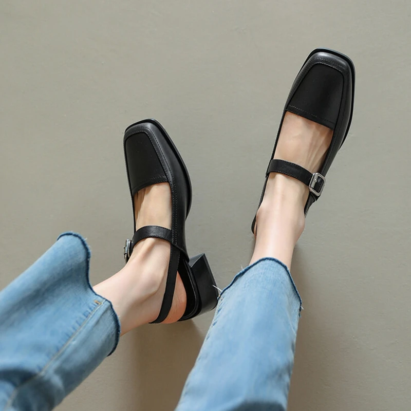 2022 Yaz Kadın Sandalet Kare Ayak Tıknaz Topuk Kadın Ayakkabı Mary Janes Bölünmüş Deri yüksek topuklu ayakkabı Slingback Ayakkabı Kadınlar için