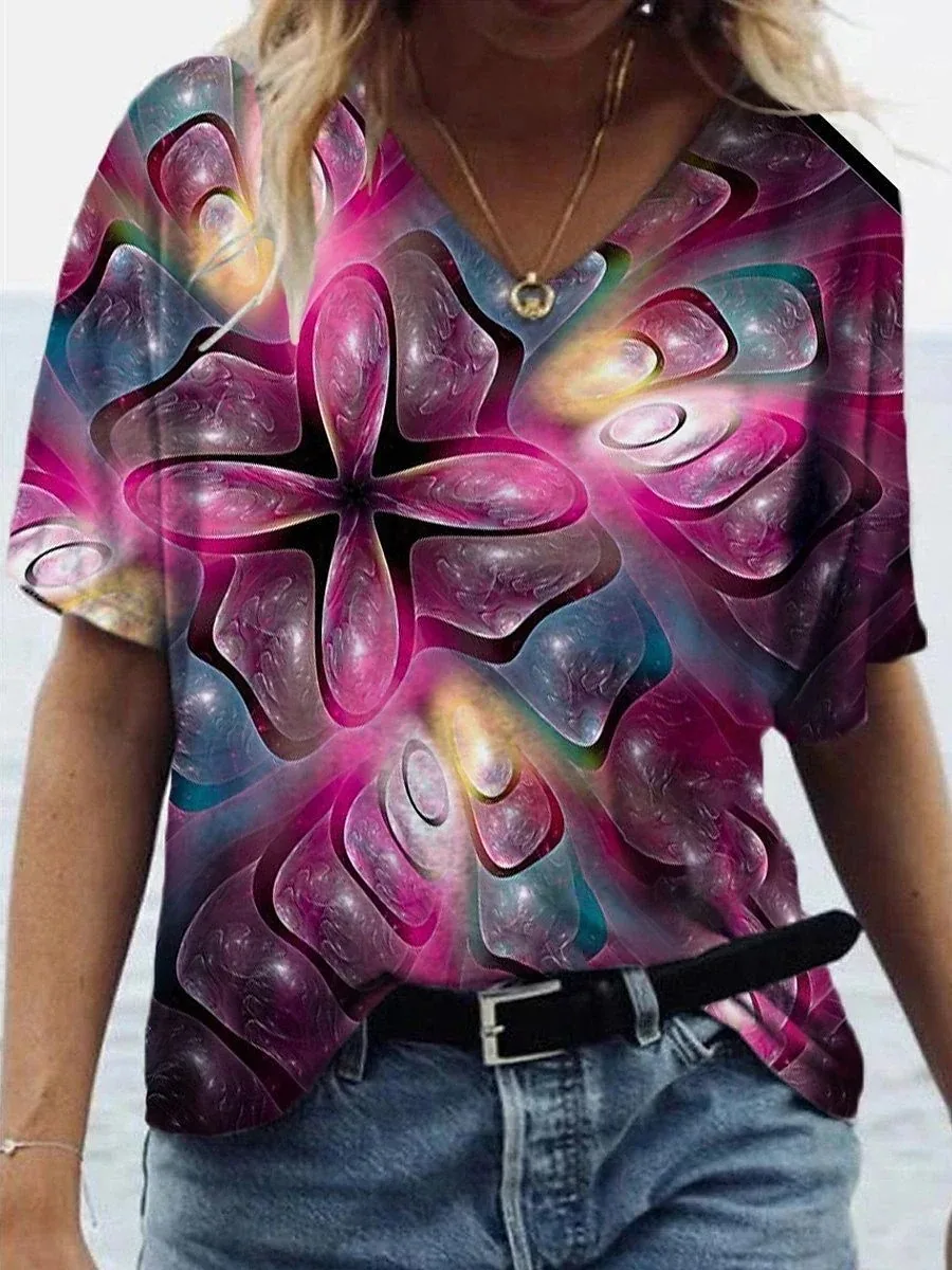 2022 Yaz kadın Çiçek Tema Boyama T shirt Çiçek Baskı V Boyun Temel Üstleri Yeşil Mavi Fuşya / 3D Baskı
