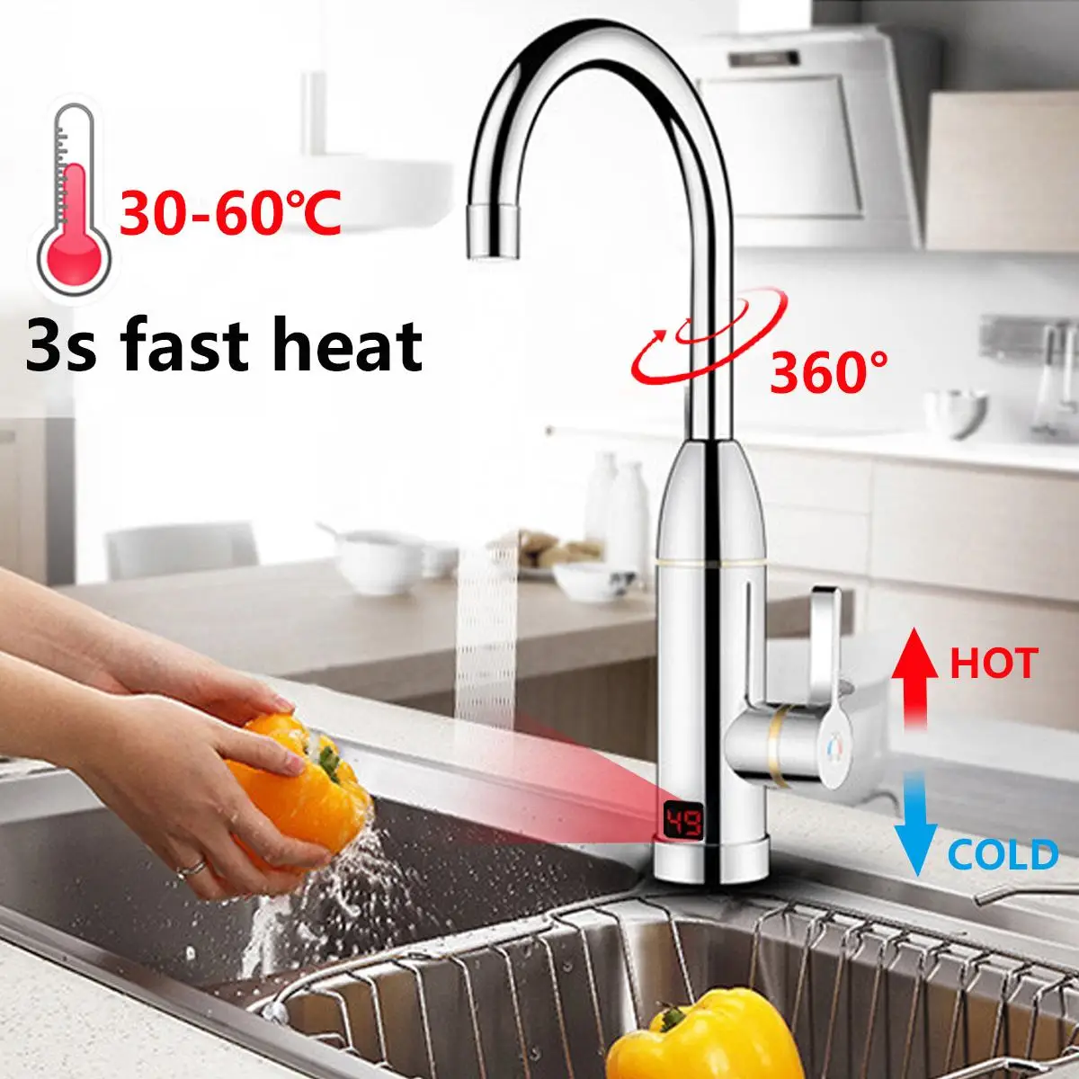 3000W 220V Mutfak Anında İsıtma Musluk Isıtıcı Sıcak Soğuk Çift Kullanımlı Haznesiz Su Hızlı Isıtma Musluk Duş LED Ekran ile