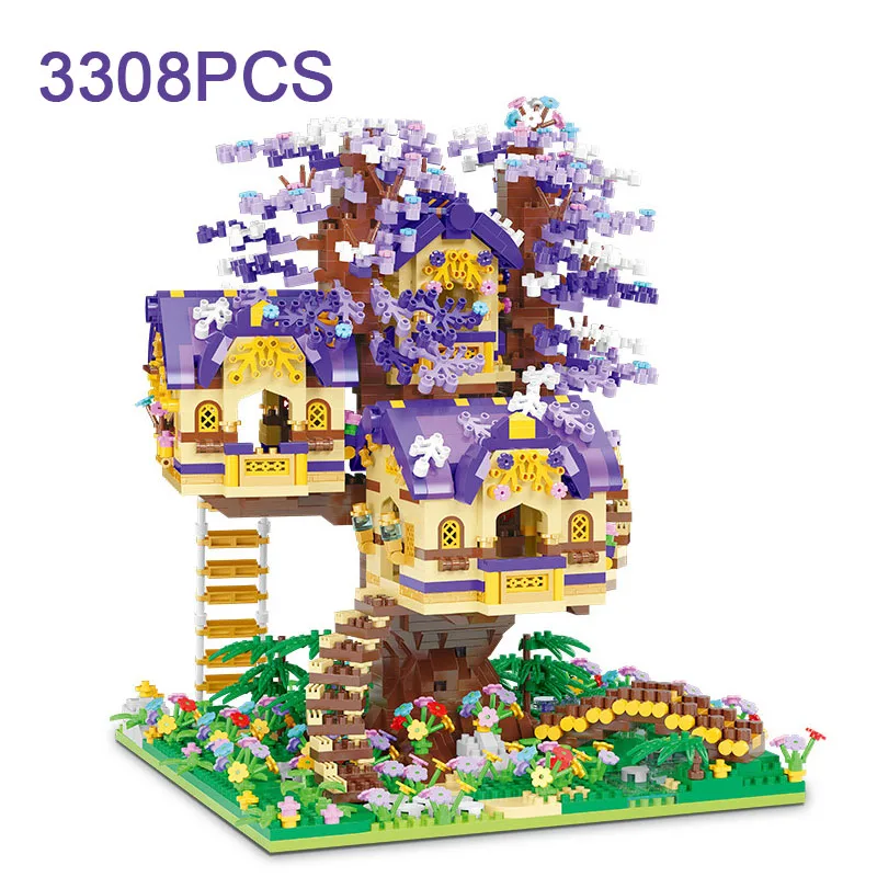 3308 ADET Elf Sakura Ağacı Ev Yapı Taşları Orman Kabin Köprü Bahçe Mimarisi Modeli Mikro Araya Tuğla Oyuncaklar Çocuklar İçin