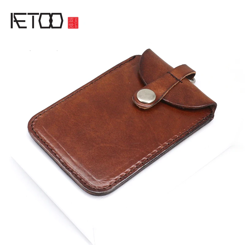 AETOO Bronzlaşma inek derisi kart çantası asılı boyun halat Retro kart seti deri otobüs kart çantası taşınabilir bozuk para cüzdanı Küçük cüzdan