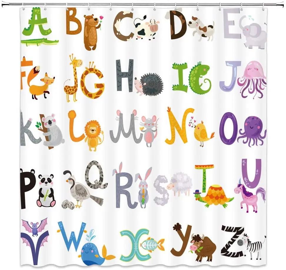 Alfabe Duş Perdesi ABC Öğrenme Karikatür Harfler ve Hayvan Desen Aracı A'dan Z'ye Kelimeler Kumaş Banyo Dekor Setleri Kanca ile