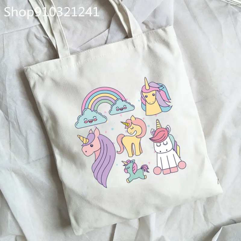 Alışveriş çantaları Kawaii Unicorn Baskı Grafik Bayanlar alışveriş çantası Çanta Bez keten çantalar Kadın Sevimli Karikatür Tote Çanta Kadınlar için