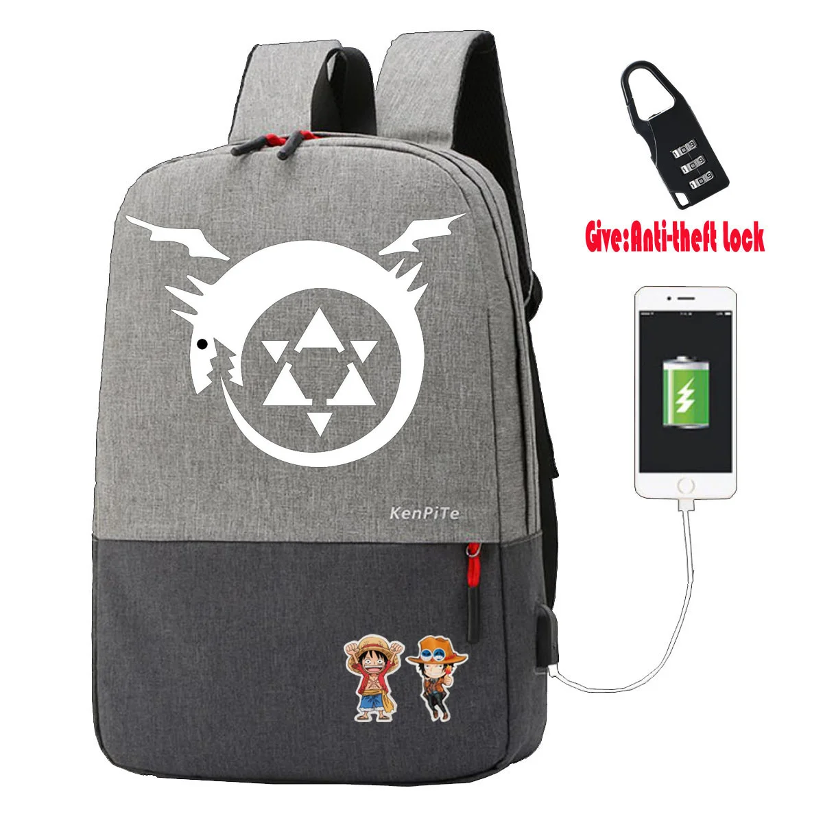 anime Fullmetal Simya Sırt Çantası UNİSEX laptop çantası seyahat sırt çantası öğrenci kitap Çantaları gençler Anti-hırsızlık USB Şarj Sırt Çantası