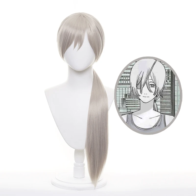 Anime testere adam Quanxi Cosplay peruk gümüş uzun ısıya dayanıklı rol oynamak sentetik saç + peruk kap