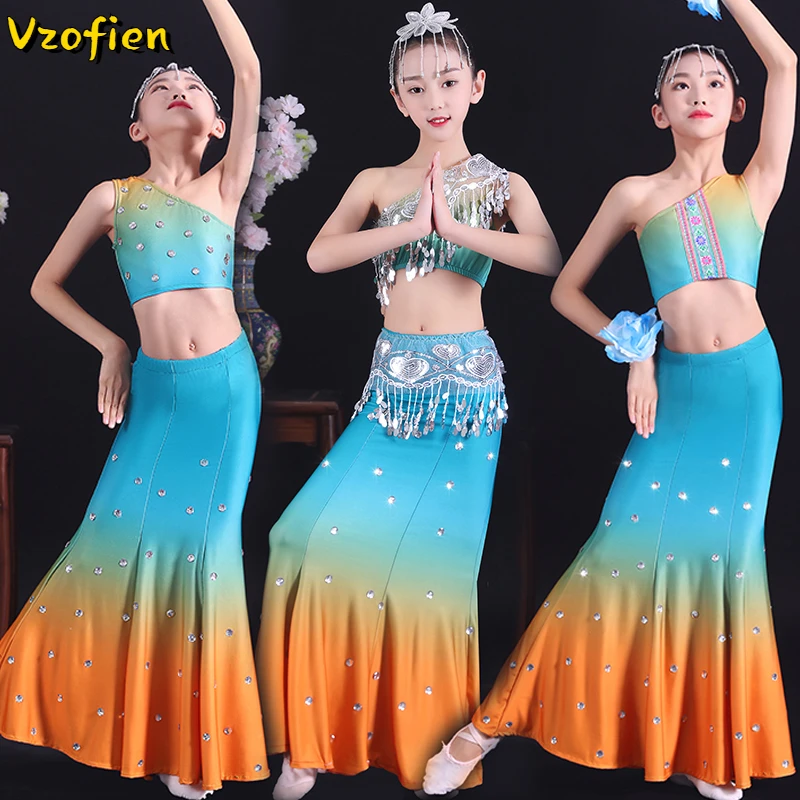 Azınlık Tavuskuşu Dans Fishtail Dai Milliyet Dans Elbise Kız Halk Dans Elbise Sahne Tavuskuşu Dans Giyim Performans Kostüm