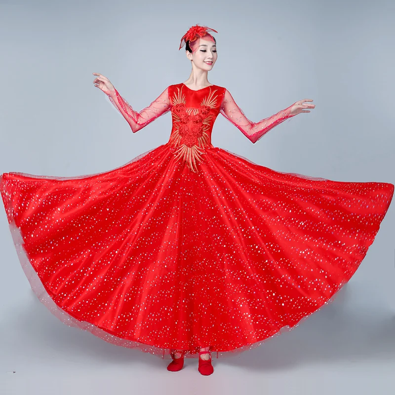 Açılış Dans Tam etek Modern Yetişkin Kadın Kırmızı Dans Elbise Giymek İspanya Büyük askı elbise Koro Dans Sahne Kostüm Takım Elbise H608