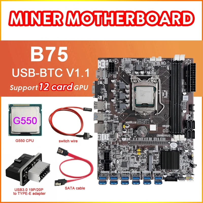 B75 12 Kart BTC Madencilik Anakart+G550 CPU+USB3.0 Adaptörü+SATA Kablosu+Anahtarı Hattı 12XUSB3.0 Yuvası LGA1155 DDR3 RAM MSATA