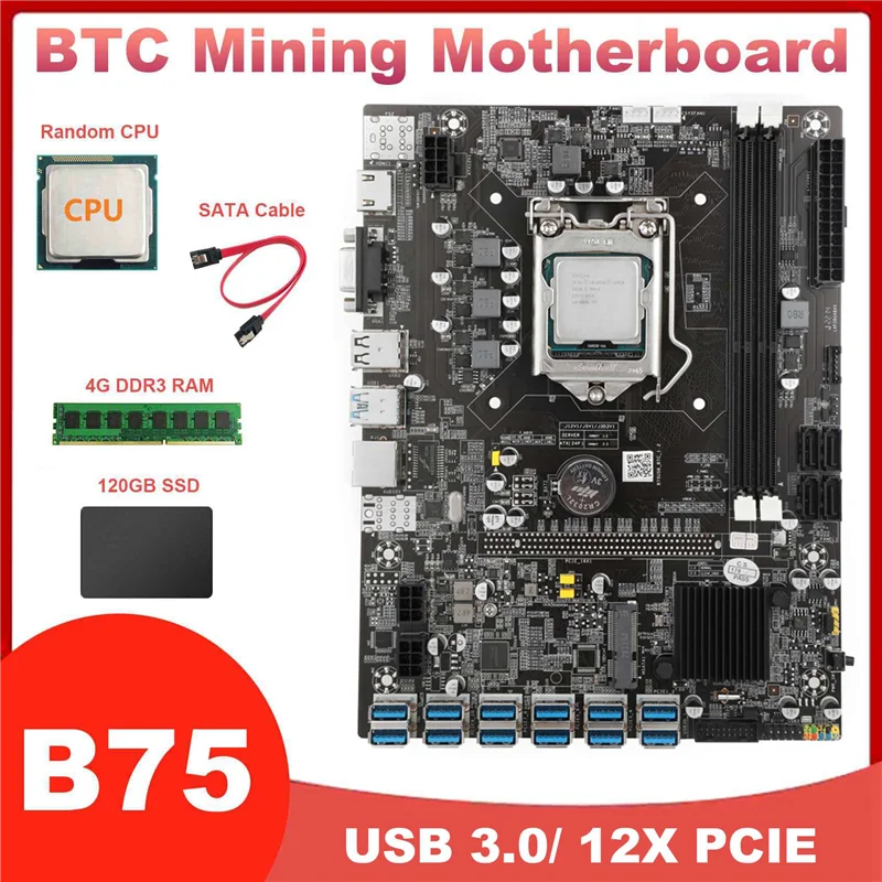 B75 12 USB BTC Madencilik Anakart CPU+4G DDR3 RAM + 120G SSD+SATA Kablosu 12XPCIE USB3. 0 LGA1155 DDR3 MSATA ETH Madenci