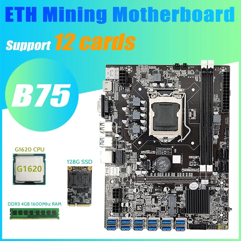 B75 BTC Madencilik USB3 12 PCIE Anakart.0+G1620 CPU+DDR3 4GB 1600Mhz RAM+128G MSATA SSD B75 USB Miner Anakart