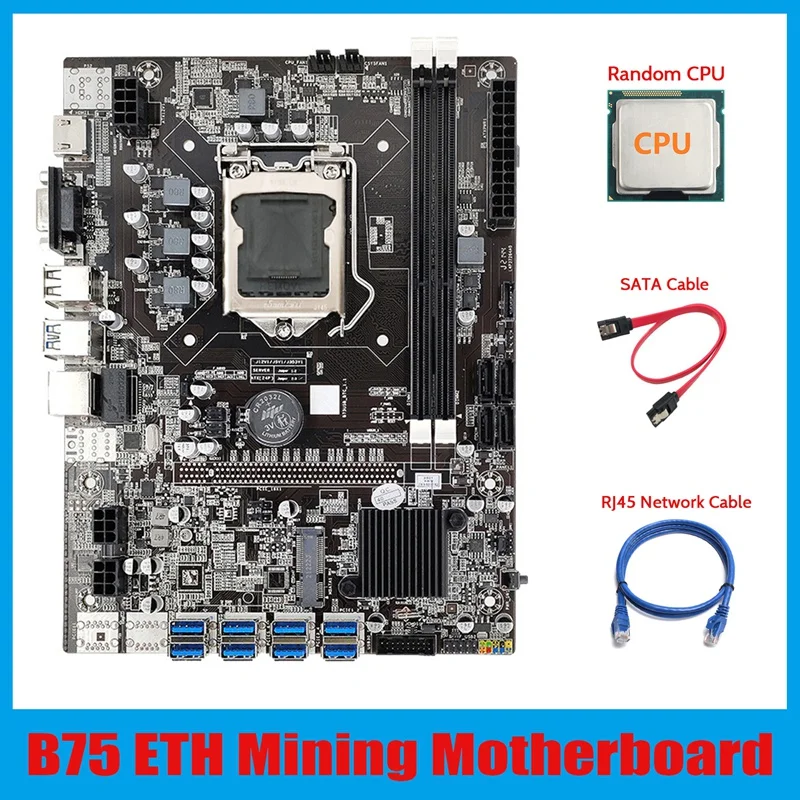 B75 ETH Madencilik Anakart 8 XPCIE USB Adaptörü + CPU + RJ45 Ağ Kablosu + SATA Kablosu LGA1155 MSATA B75 Madenci Anakart