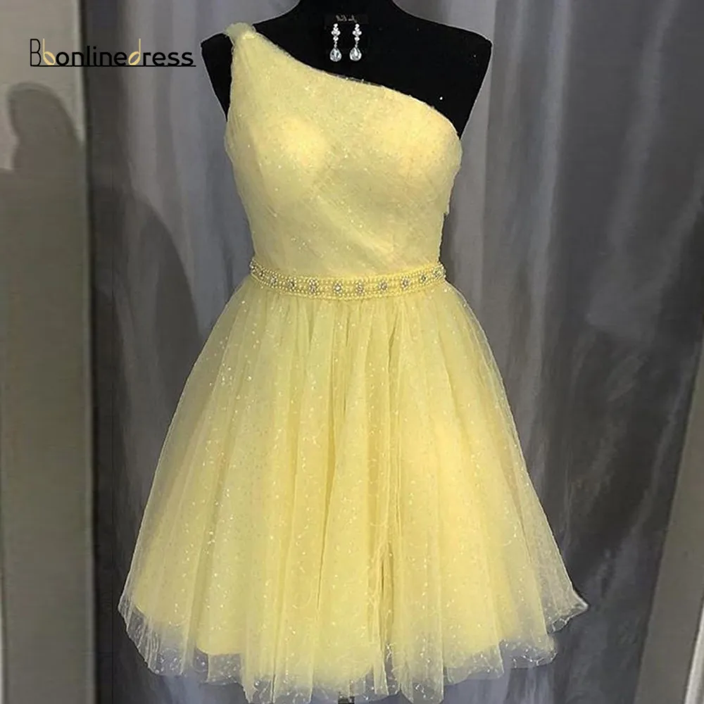 Bbonlinedress Sarı Homecoming Elbise 2020 Sparkly Tül Bir Omuz Kısa Parti Elbise Vestidos de kokteyl Mezuniyet Elbiseleri