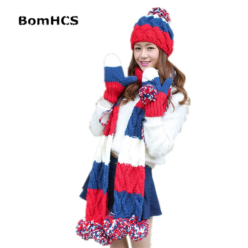 BomHCS 3 adet Eldiven + Bere + Eşarp Takım Elbise Kış Sıcak kadın Örme Moda Şapka Eldivenler Atkısı Kalınlaşmış Astar