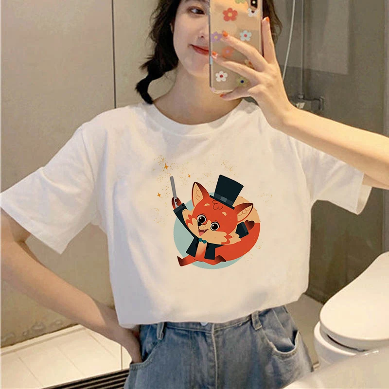 Büyük boy T Shirt Kadın Yaz Kısa Kollu Kore Moda En Tees Kadın Giyim Karikatür Tshirt Grafik Tilki Baskı Tişörtleri