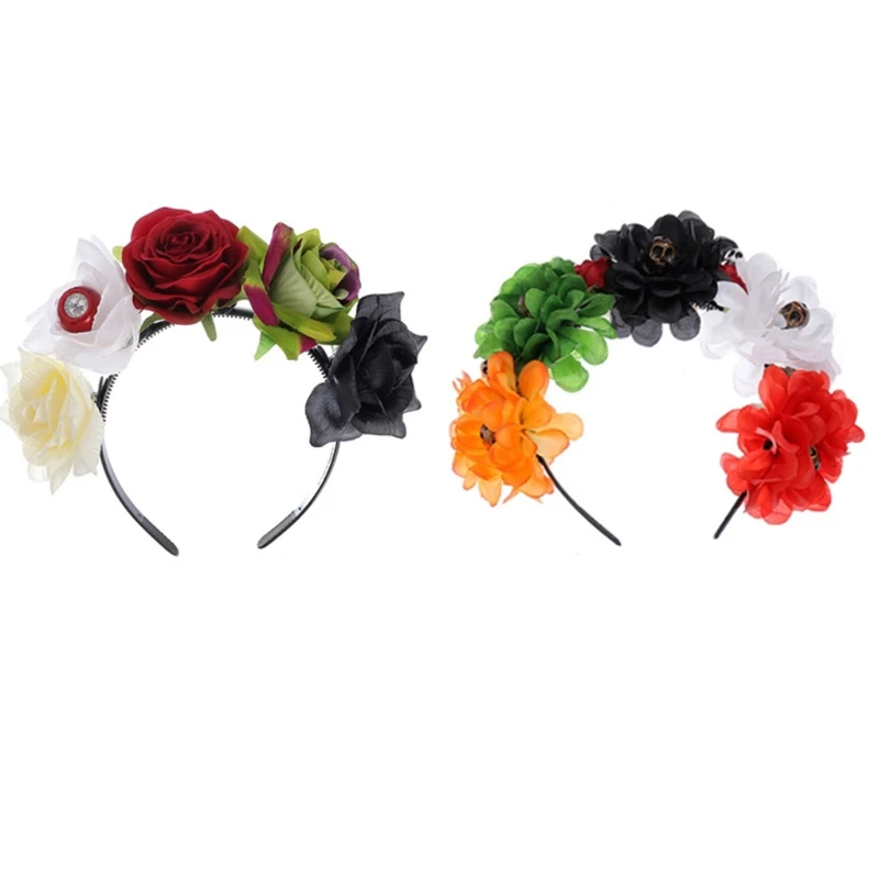 Cadılar bayramı Saç Çember Gül Kafatası Kafa Bandı El Yapımı Rhinestone Kafatası Headdress çiçekli saç bantları kostümlü oyun saç aksesuarları
