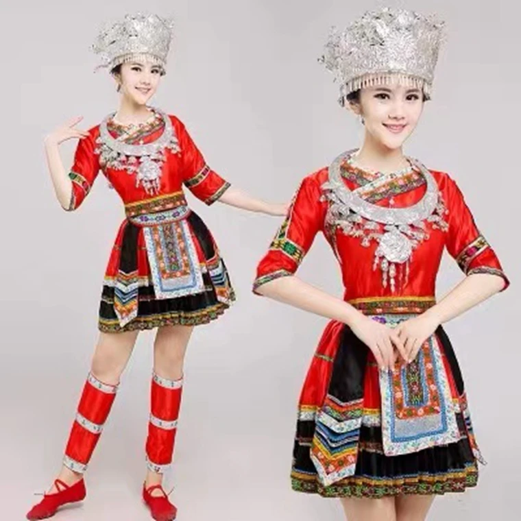 Cha cha dans eteği Miao Milliyet Tasarım Dans Azınlık kadın Pilili Etek Performans Kostüm