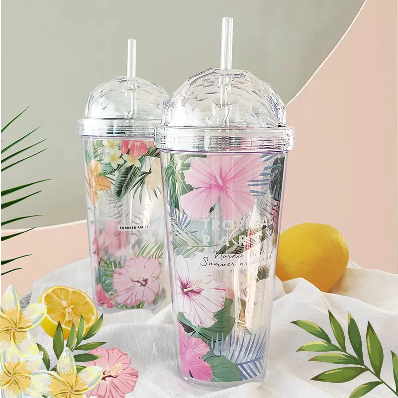 Drinkware Elmas Çiçek Çift Bardak 420 m Yaratıcı Kişilik Eğilim Su Şişesi Yaz Plastik Saman Sürahi