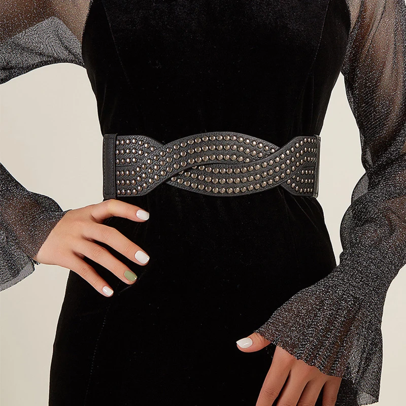 Elastik Bant Kadın Elbise Dekorasyon Moda 2022 Bahar Perçin PU deri bel kemeri Kuşak Vücut Şekillendirme Kuşak