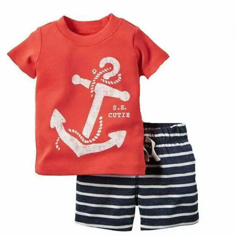 Erkek bebek Giyim Takım Elbise Moda Bebek Giysileri 2 Parça Setleri Yaz Pamuk Donanma Denizci Çapa Şerit Tee Gömlek Şort Pantolon Yumuşak