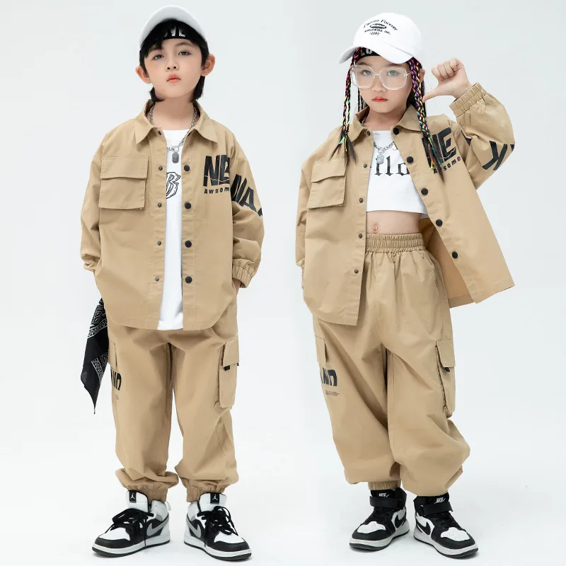 Erkek Haki Uzun Kollu Gömlek Ceket Streetwear Taktik Kargo Joggers Pantolon Çocuklar Kpop Hip Hop Giyim Kız dans kostümü 3-16 Y