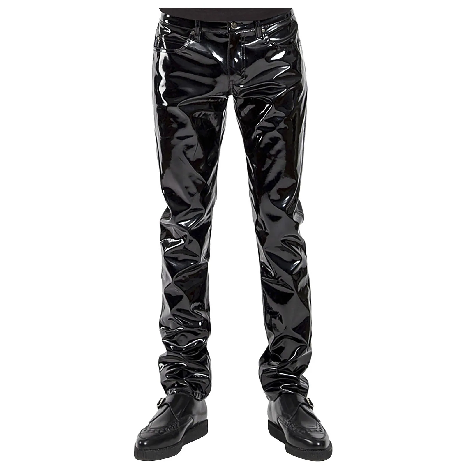 Erkek Sonbahar kış pantolonları Punk Retro Goth İnce Rahat Uzun pantolon Suni Deri Moda Rahat Düz renk pantolon kalem pantolon