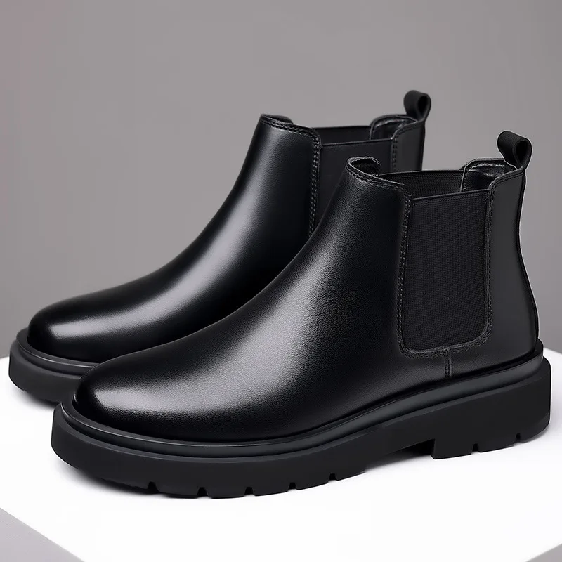 erkekler rahat ış ofis resmi elbise hakiki deri çizmeler siyah platform ayakkabılar bahar sonbahar kovboy chelsea çizme kısa botas