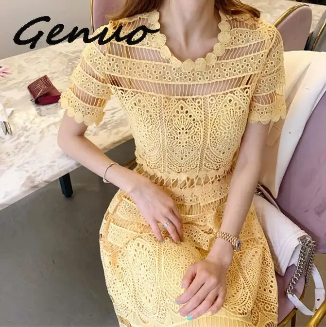 Genuo Kore Yaz Pist askı elbise Kadın Kısa Kollu Sarı Dantel Tatil uzun elbise Moda Çiçek Hollow Out Midi Elbise