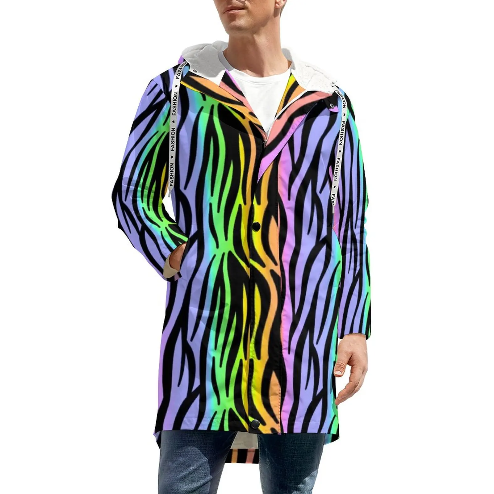 Gökkuşağı Kaplan Baskı Rüzgarlıklar Adam Renkli Çizgili Klasik Kalın Palto Sokak Tasarım kışlık ceketler Rahat Kapüşonlu Giyim