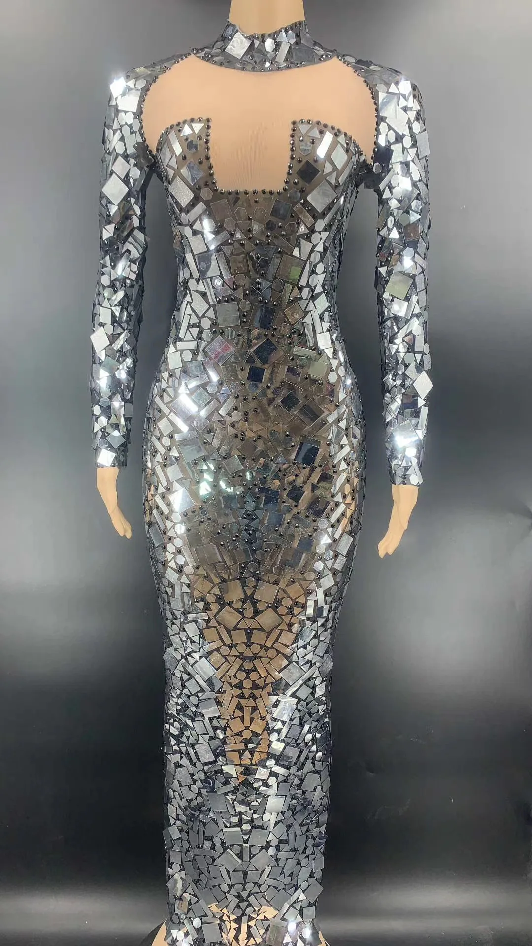 Gümüş Parlayan Ayna Sequins Rhinestones Seksi Bölünmüş uzun elbise Kadınlar İçin Akşam Parti Giyim Balo Salonu Giyer Sahne Kostümleri