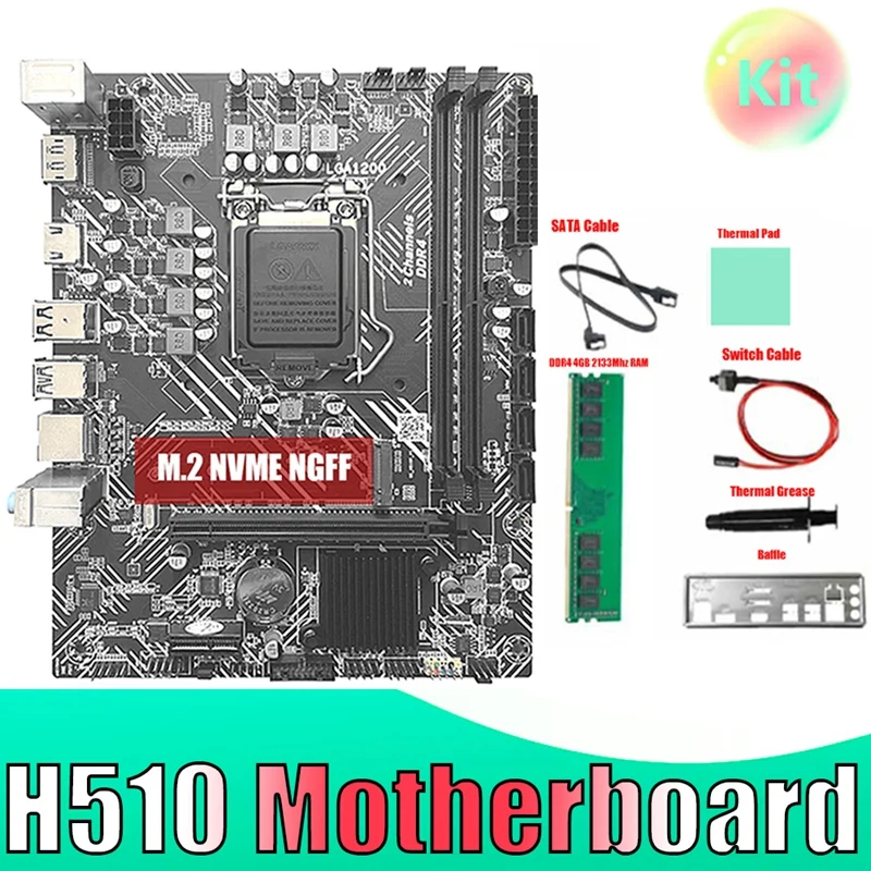 H510 Anakart + DDR4 4G 2133Mhz RAM+SATA Kablosu + Bölme LGA1200 DDR4 Gigabit LAN PCIE 16X İçin I3 I5 I7 10 / 11th Serisi CPU Parçaları