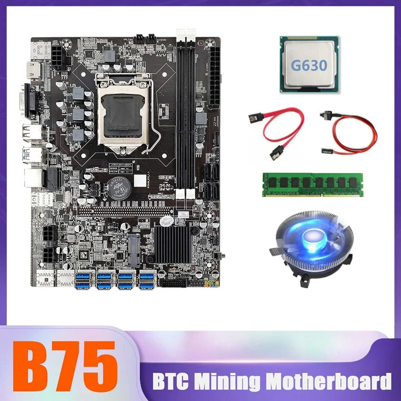 HOT-B75 BTC Madenci Anakart 8 XUSB + G630 CPU + DDR3 4G 1600 MHz RAM + CPU Soğutma Fanı + SATA Kablosu + Anahtarı Kablosu B75 USB Anakart