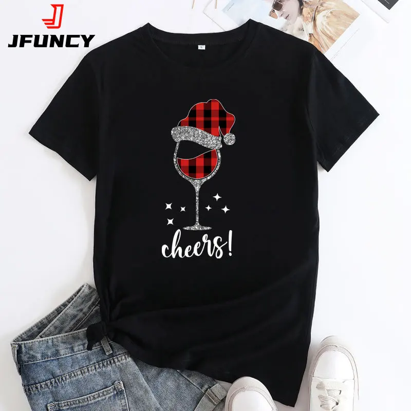 JFUNCY kadın T-shirt 2022 Moda Noel Grafik T Shirt Büyük Boy Pamuklu Tişört Kısa Kollu Kadın Tees Kadın Üstleri