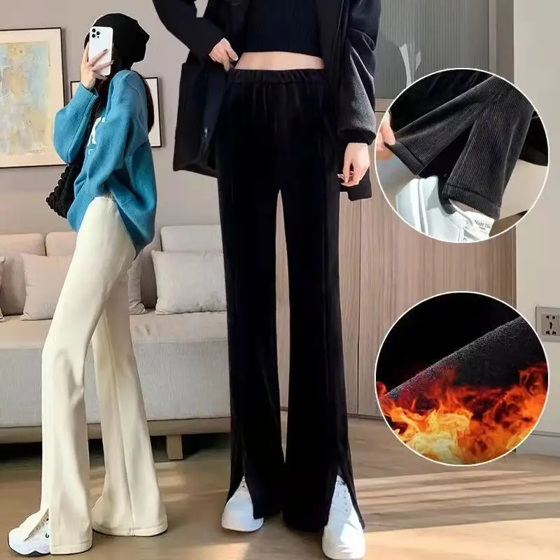 Kadın Kadife Pantolon 2023 Yeni Sonbahar Kış Moda Yüksek Bel Gevşek Pantolon Rahat Sıcak Katı Düz Streetwear Pantolon R39