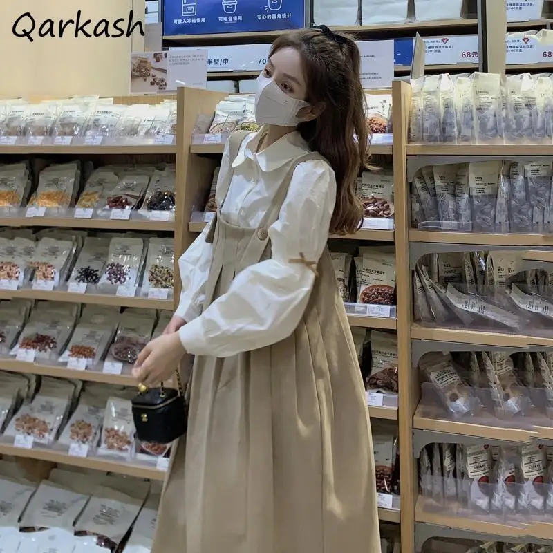 Kadın Set Tatlı Midi evaze elbise Askısı Tasarım Tiki Güzel Uzun Kollu Gömlek Casual Kore Tarzı Gençler Bahar Şık Mujer 2 Adet