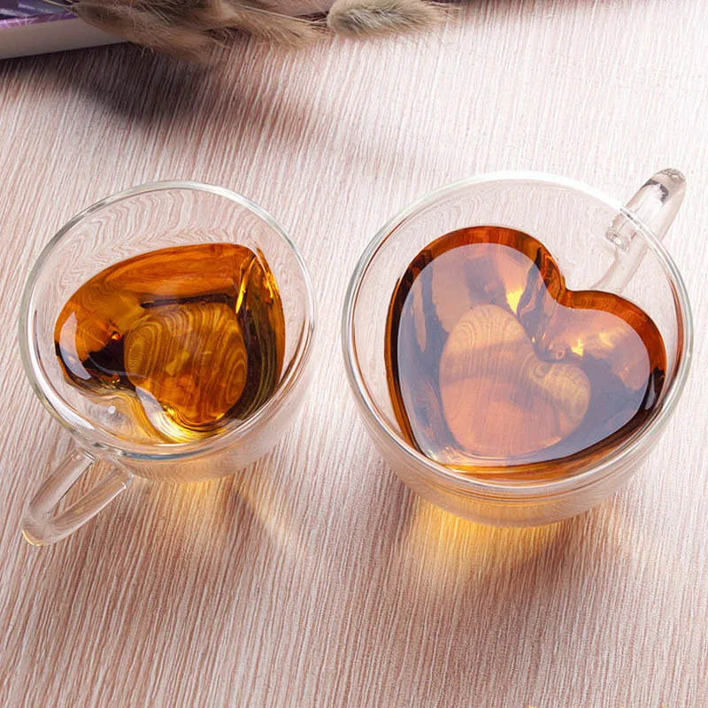 Kalp aşk şekilli cam kupa çift duvar kahve fincanı yalıtımlı çay süt limon suyu su bardağı ısıya dayanıklı Drinkware sevgilisi hediye