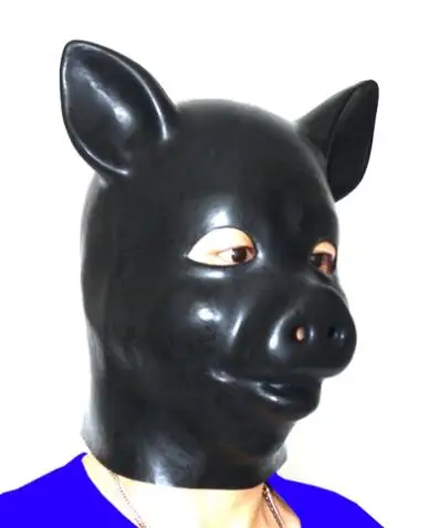 Kalıp 3D Siyah tam başkanı lateks domuz hood fetiş köle maske hood açık gözler fetiş hood