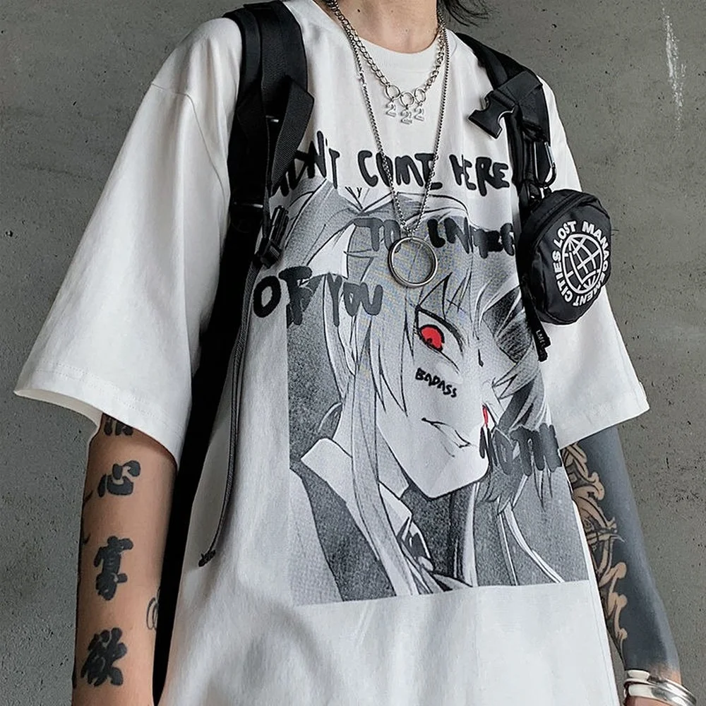 Koyu Tarzı Grunge Çizgi Roman Anime T Shirt Goh Giysileri Japon Kawaii Gençler Büyük Boy Kısa Kollu Üstleri Yaz Büyük 2XL Harajuku