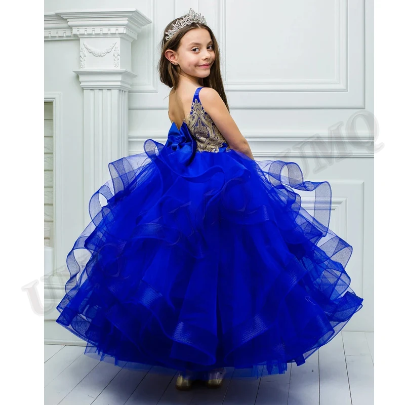 Kraliyet Mavi Riuffles Çiçek Kız Elbise Genç Yürümeye Başlayan Doğum Günü Aplike Düğün Parti Elbiseler Moda Gösterisi Kostümleri İlk Communion