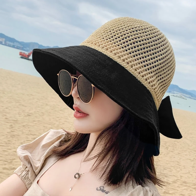 L5YC Bayan Yaz Örgü Üst Güneşlik plaj şapkası Bölünmüş Disket Geniş Ağızlı Tatlı İlmek Tatil Açık Güneş Koruyucu Packable Kova