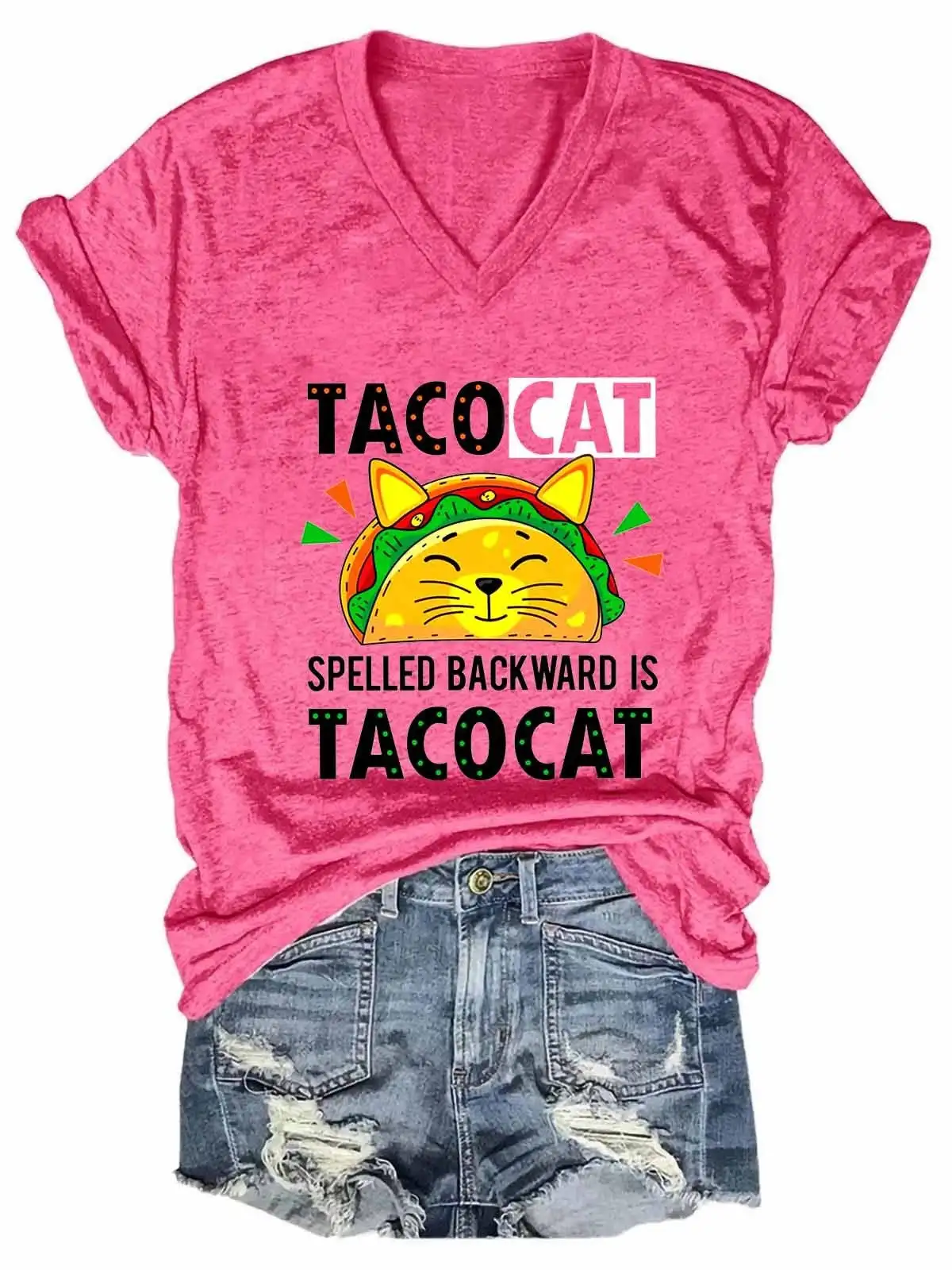 Lovessales Womens Yazıldığından Geriye Olduğunu Tacocat Komik Kedi V Yaka Kısa Kollu %100 % Pamuk T-shirt