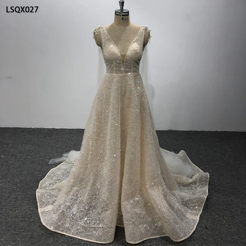 LSQX027 lüks düğün elbisesi 2021 kolsuz backless artı boyutu düğün elbisesi pırıltılar ile vestido de novia renk şampanya