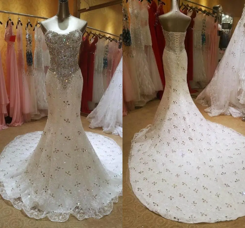 Lüks Kristal Elmas Boncuklu Mermaid düğün elbisesi 2023 Sevgiliye Lace Up Mahkemesi Tren gelinlikler robe de mariee
